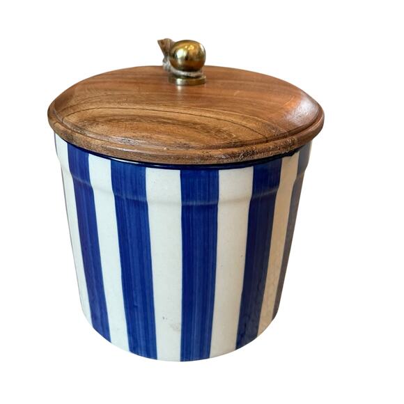Hand Painted Striped Ceramic Canister w/ Wood Lid Made in India Blue Cream 5" - Picture 11 of 11
